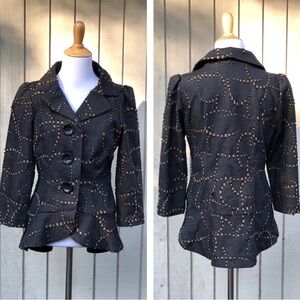 An Ren New York Peplum Jacquard Embroidered Notched Collar Black Tan Blazer S